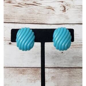 Vintage Clip On Earrings Bright Blue Oval Shape with Wavy Lines